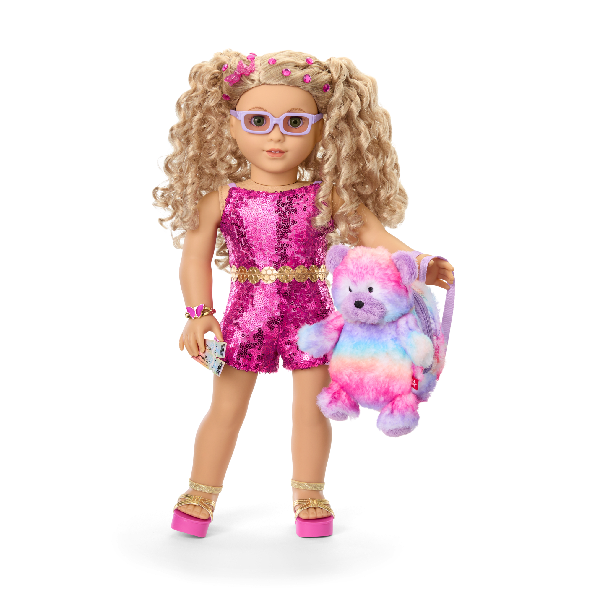 Glam Sparkly Concert Outfit & Colorful Teddy Bear Backpack & Accessory Set Bundle