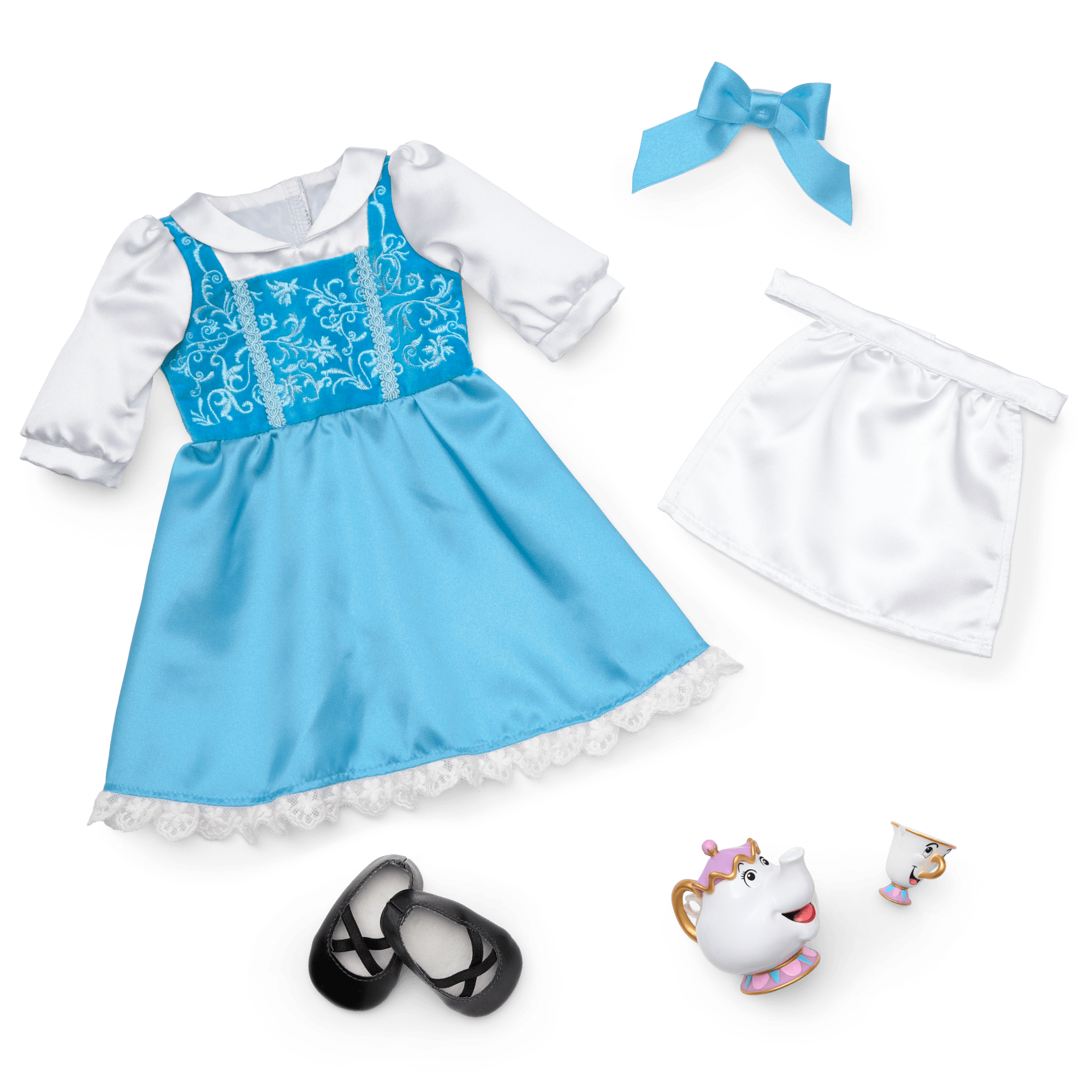 American Girl Disney Princess Belle Blue Dress, Mrs. Potts, Chip & Accessories For 18-Inch Dolls