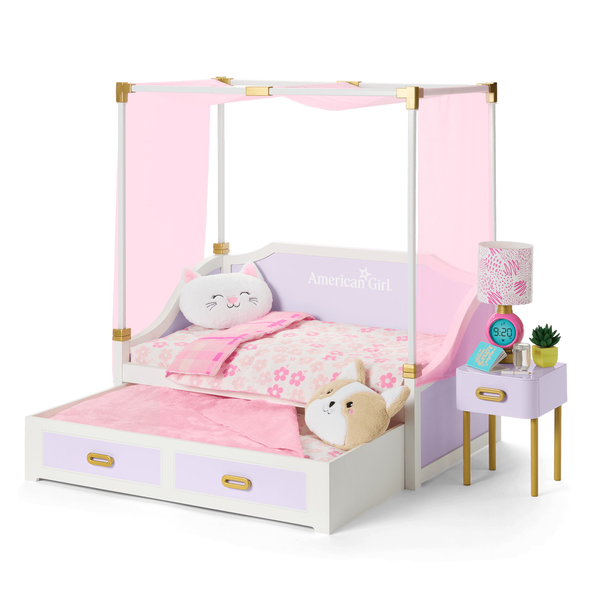 All Set For Sleepovers Canopy Bed & Nightstand For 18-Inch Dolls